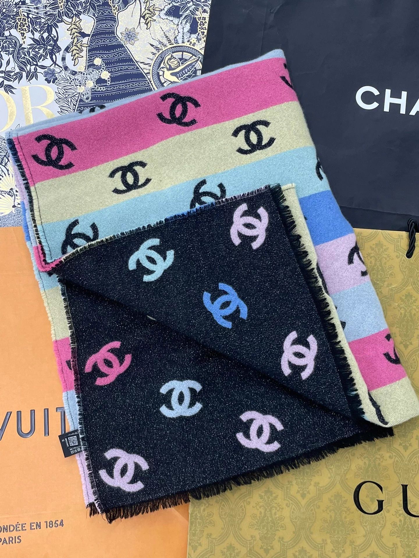 Chanel Chanel Rainbow Stripe Lg Logo Cashmere Scarf/Shawl Size ONE SIZE - 1 Thumbnail