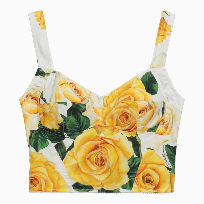 image of Dolce Gabbana Dolce&gabbana Rose Print Bustier Top In Cotton in Yellow, Women's (Size Small)