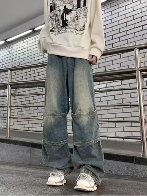 image of Vintage Washed Distressed Wide-Leg Casual Jeans in Blue, Men's (Size 32)