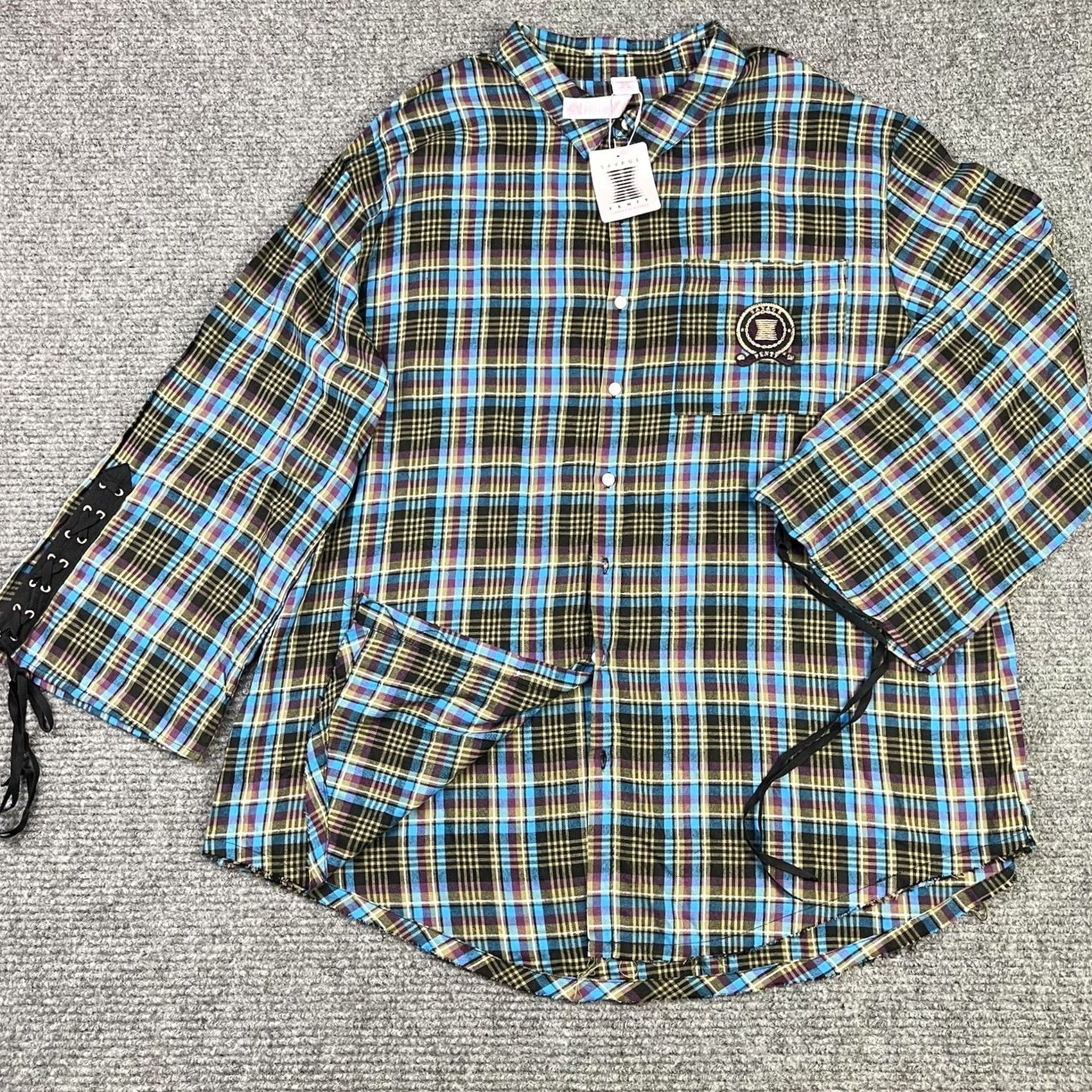 Vintage Savage X Fenty Womens Pajama Shirt Flannel 1X Plaid Blue Lace Up Crest Logo Nighttime Sleepwear Mens? Size XL / US 12-14 / IT 48-50 - 4 Thumbnail