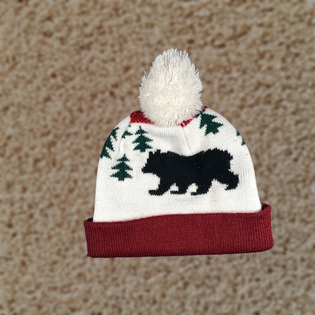 Old Navy Old Navy Beanie Toque Adult One Size White Red Knit 100% Acrylic Bear Trees Pom Hats Mens Womens Beanie - Size ONE SIZE - 1 Thumbnail