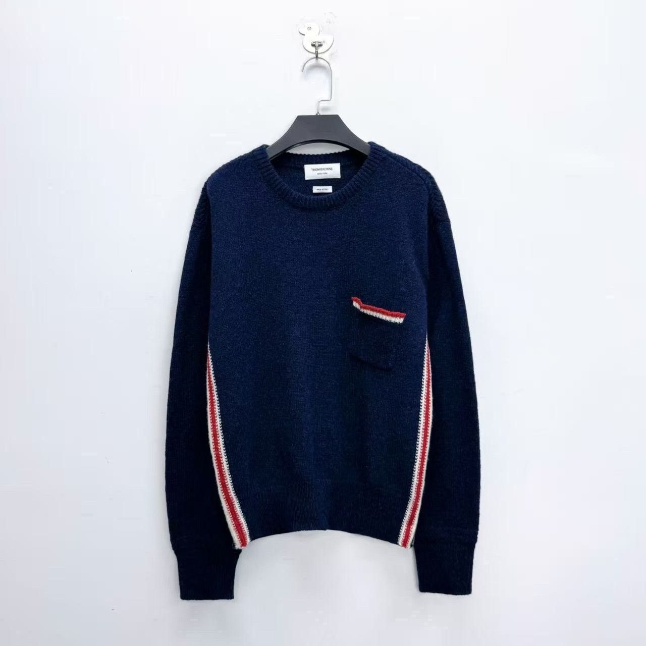 Thom Browne Thom Browne Navy Knit Sweater W/ Stripe Trim Size US XL / EU 56 / 4 - 1 Thumbnail