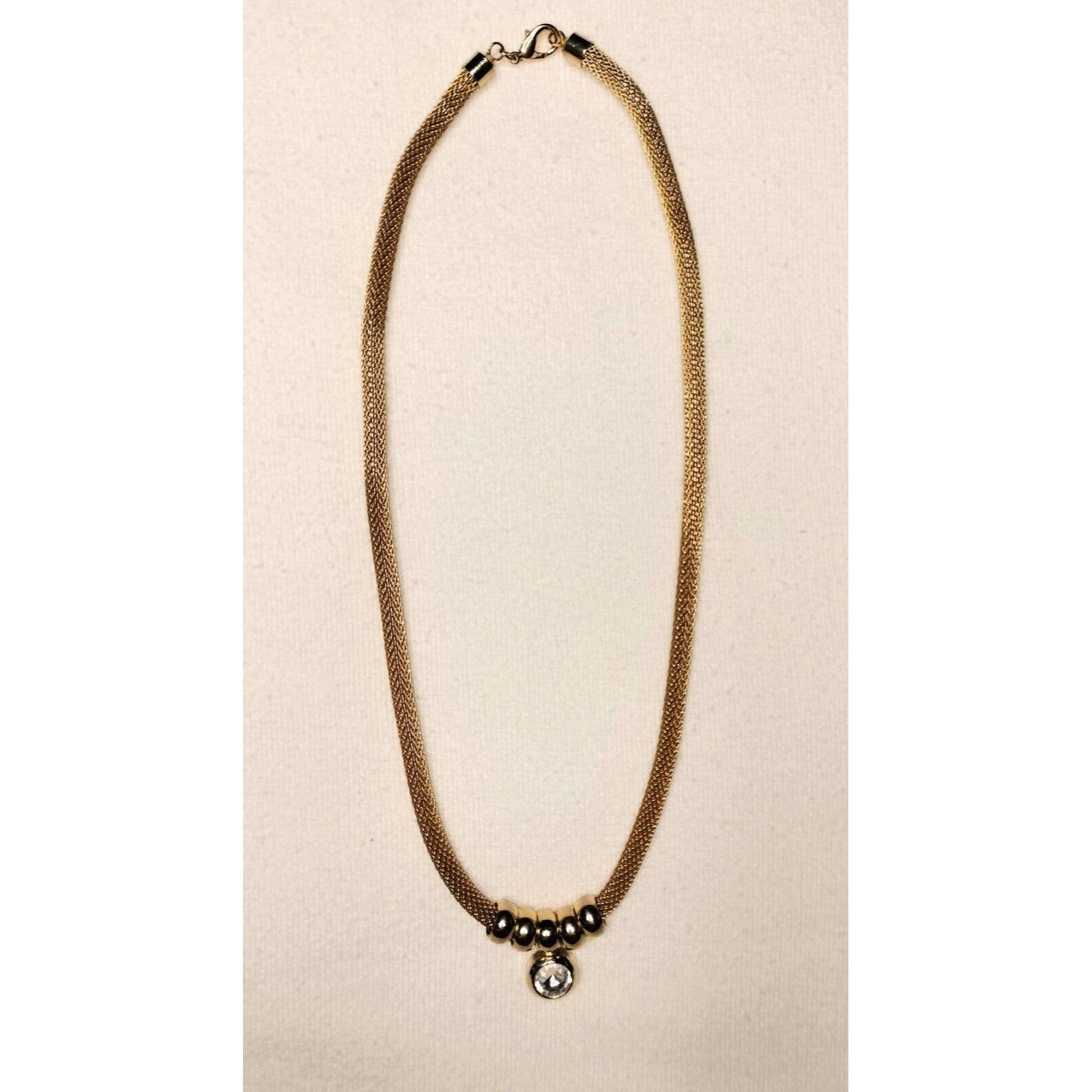 Vintage Gold Tone Metal Mesh Tube Necklace Ring Stoned Pendant Circa Size ONE SIZE - 6 Thumbnail