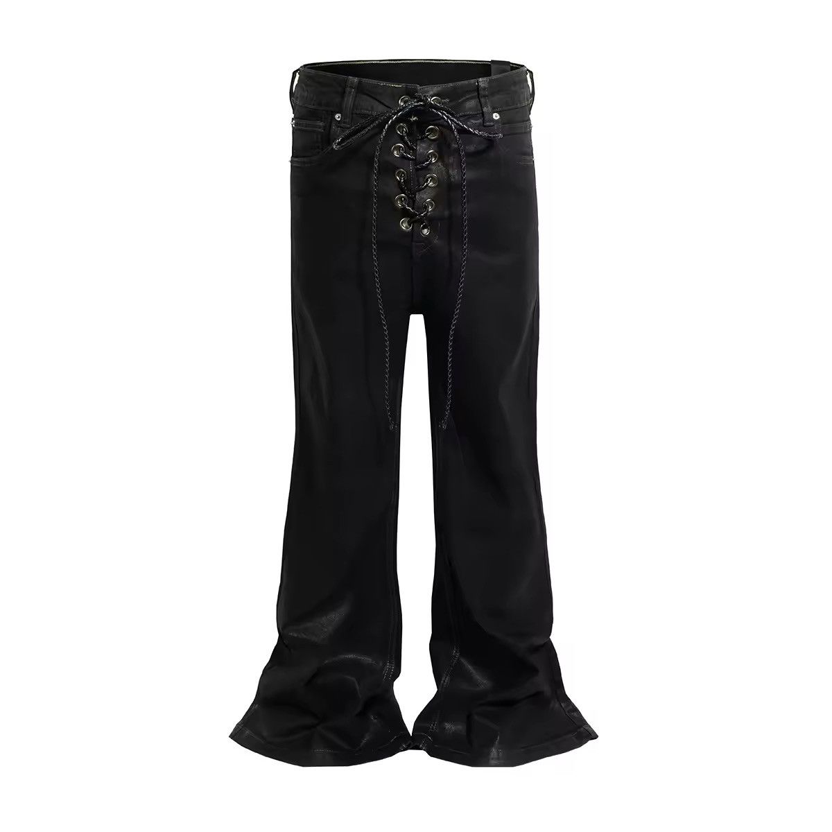 Japanese Brand × Jean Coated Stretch Black Flare Baggy Leather Trousers Size US 28 / EU 44 - 2 Thumbnail