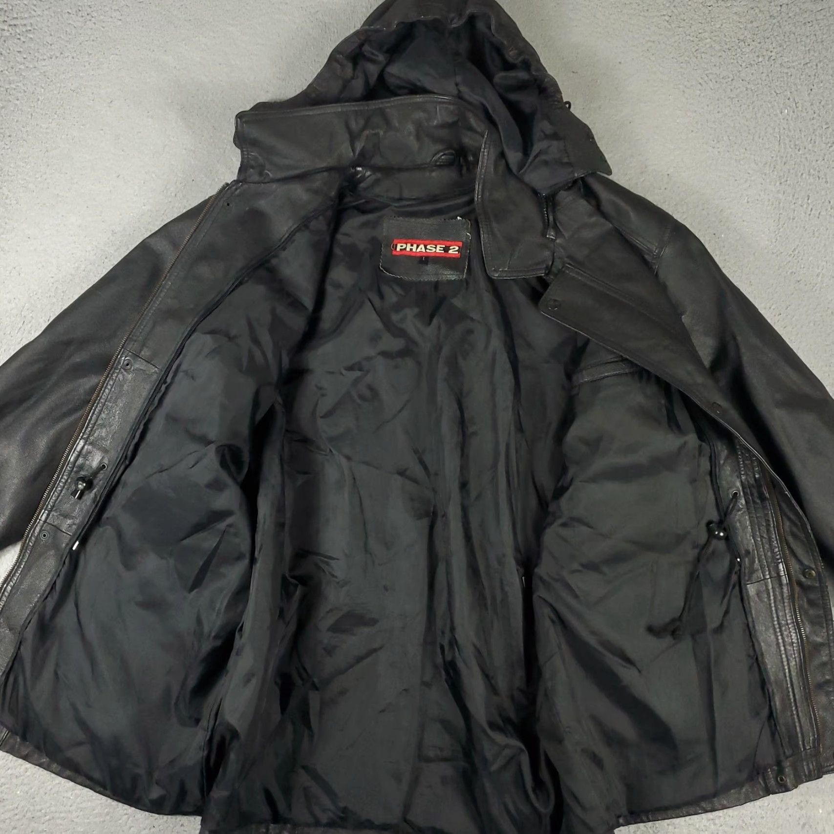 Vintage Phase 2 Jacket Mens Large Leather Hooded Parka Pockets Zipless No Zipper Black Size US L / EU 52-54 / 3 - 5 Thumbnail