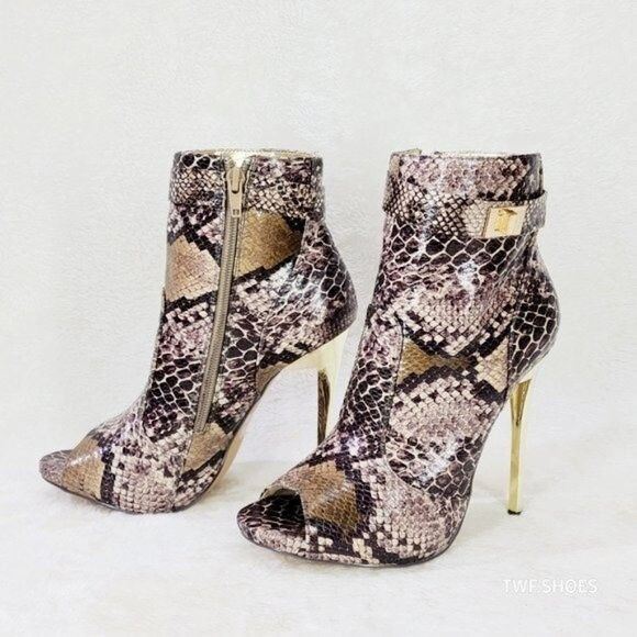 Other Adamarys Brown Snake Print Open Toe Ankle Boots Gold Slim St Size US 7 / IT 37 - 7 Thumbnail