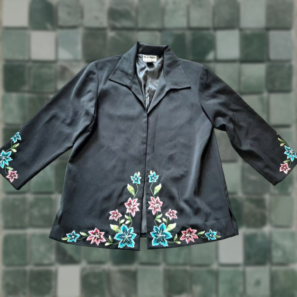 Vintage Platinum Stephen Yearick Jacket Women's S Black Floral Open Front Jacket Size S / US 4 / IT 40 - 1 Thumbnail
