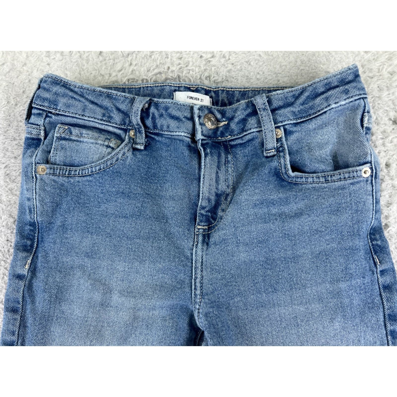 Forever 21 FOREVER 21 Jeans Womens 26 Blue Denim Flared Distressed Raw Hem 30 Inseam 5-Pocket Buttons Zipper Cotton Blend Stretch Casual Everyday Colors: Blue Size 26" / US 2 / IT 38 - 4 Thumbnail