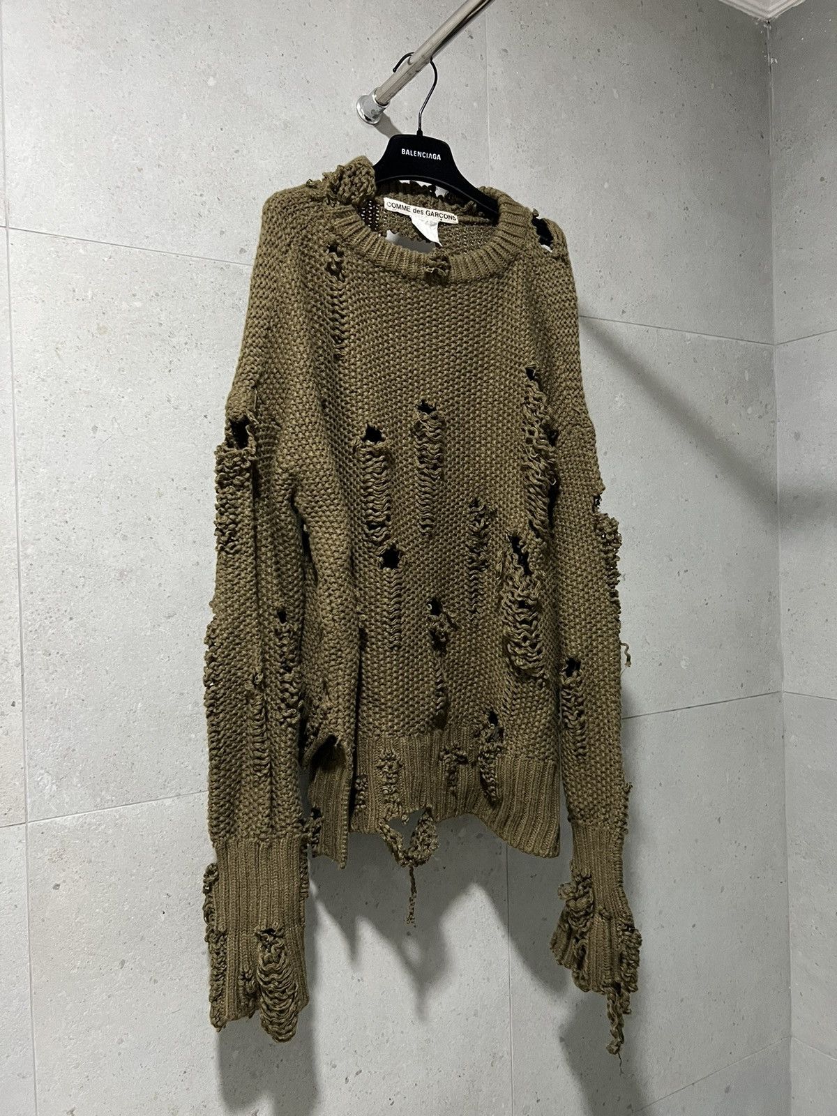 image of Aw00 Comme Des Garcons Distressed Grunge Sweater in Khaki, Men's (Size Large)