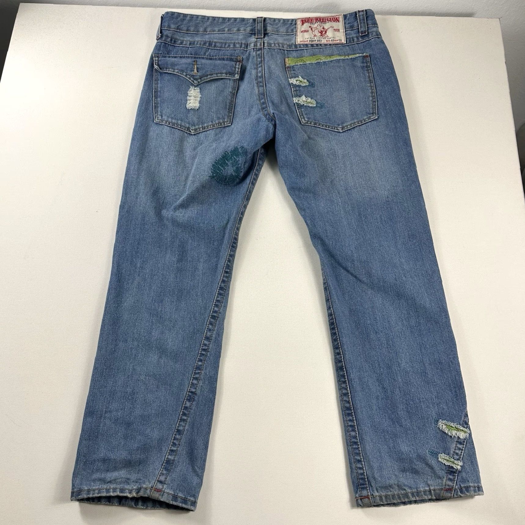 True Religion Jeans Distressed Baggy Straight 40x33 Mens Blue Hip Hop 5-Pocket Denim Y2K World Tour Bobby Big T