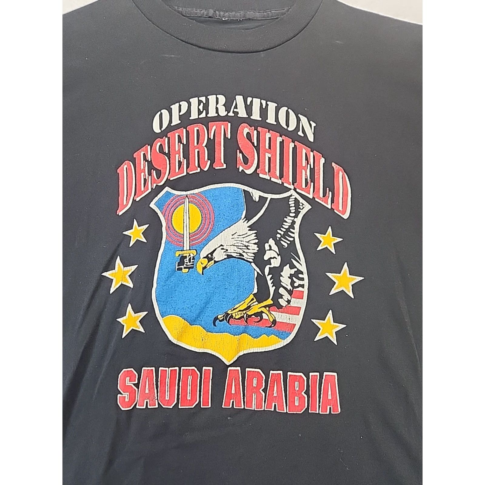 Vintage VINTAGE 90s Operation Desert Shield Saudi Arabia T Shirt Mens L Black Cotton Crew Neck Short Sleeve Regular Fit Logo Graphic Print Military Size US L / EU 52-54 / 3 - 2 Thumbnail