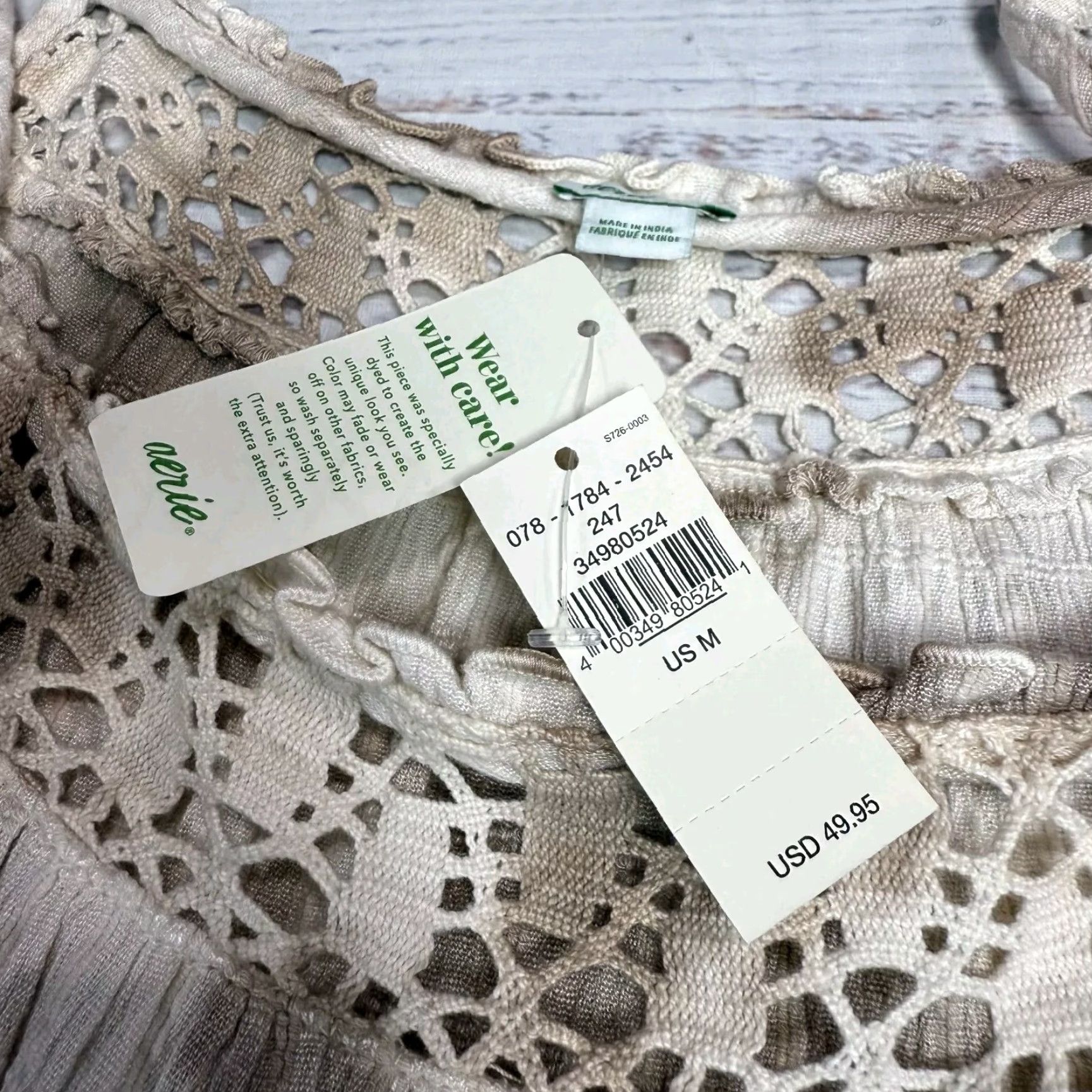 Vintage Aerie Beige Brown Crochet Relaxed Ruffle Top Sleeveless Viscose Cotton Sz M NWT Tank Women's M Beige Crochet Sleeveless Top NWT Size M / US 6-8 / IT 42-44 - 5 Thumbnail