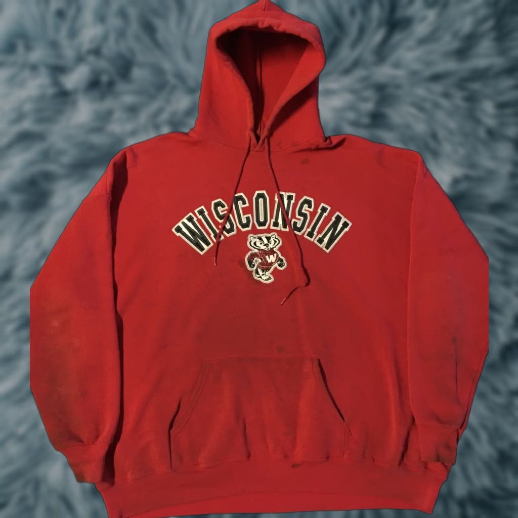 VINTAGE 90s University Of Wisconsin Faded Distress Hoodie 3X College Track Grunge PE
