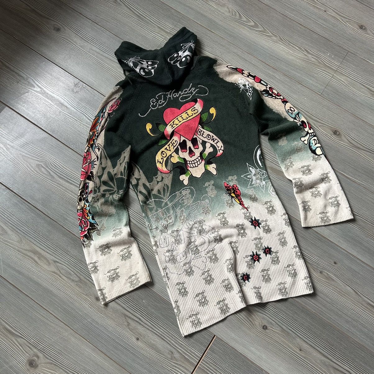 Ed Hardy Vintage Y2K Ed Hardy Tattoo Hooded Knit Sweater Size L / US 10 / IT 46 - 2 Thumbnail