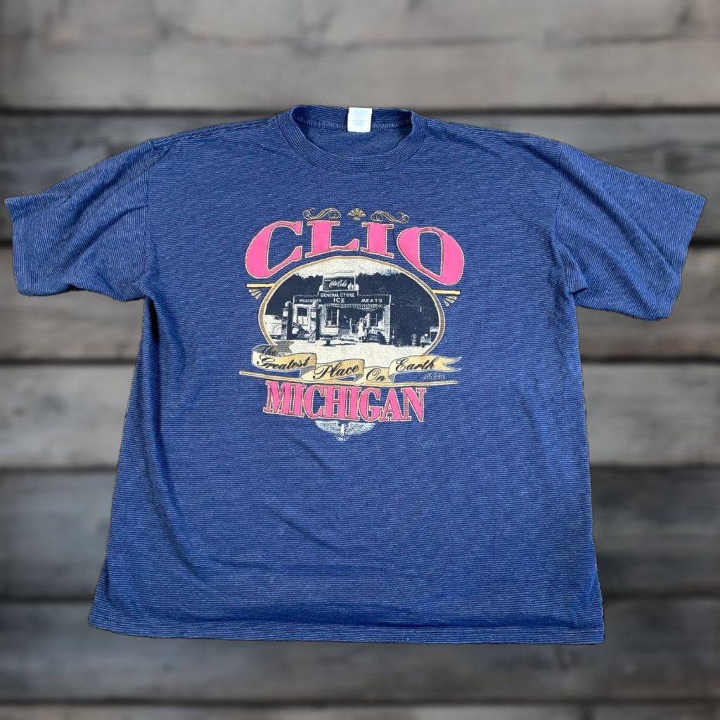 Vintage VTG 90s Clio Michigan Graphic T-Shirt Miller Men 2XL Blue Stripe Short Sleeve Crew Neck Jersey Cotton-Blend Polyester Vintage Size US XXL / EU 58 / 5 - 1 Thumbnail