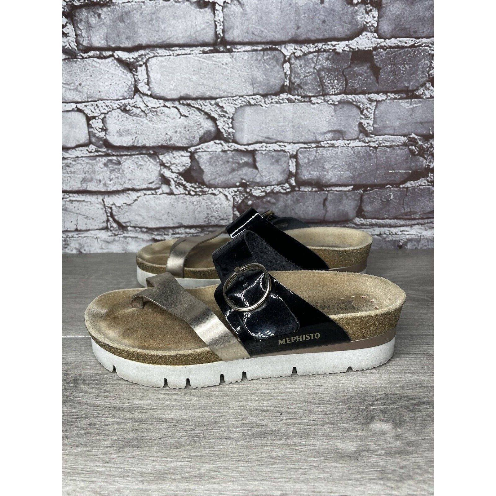 Mephisto Mephisto Silver Leather Black Patent Toe Strap Cork Wedge Sa Size US 8 / IT 38 - 2 Thumbnail