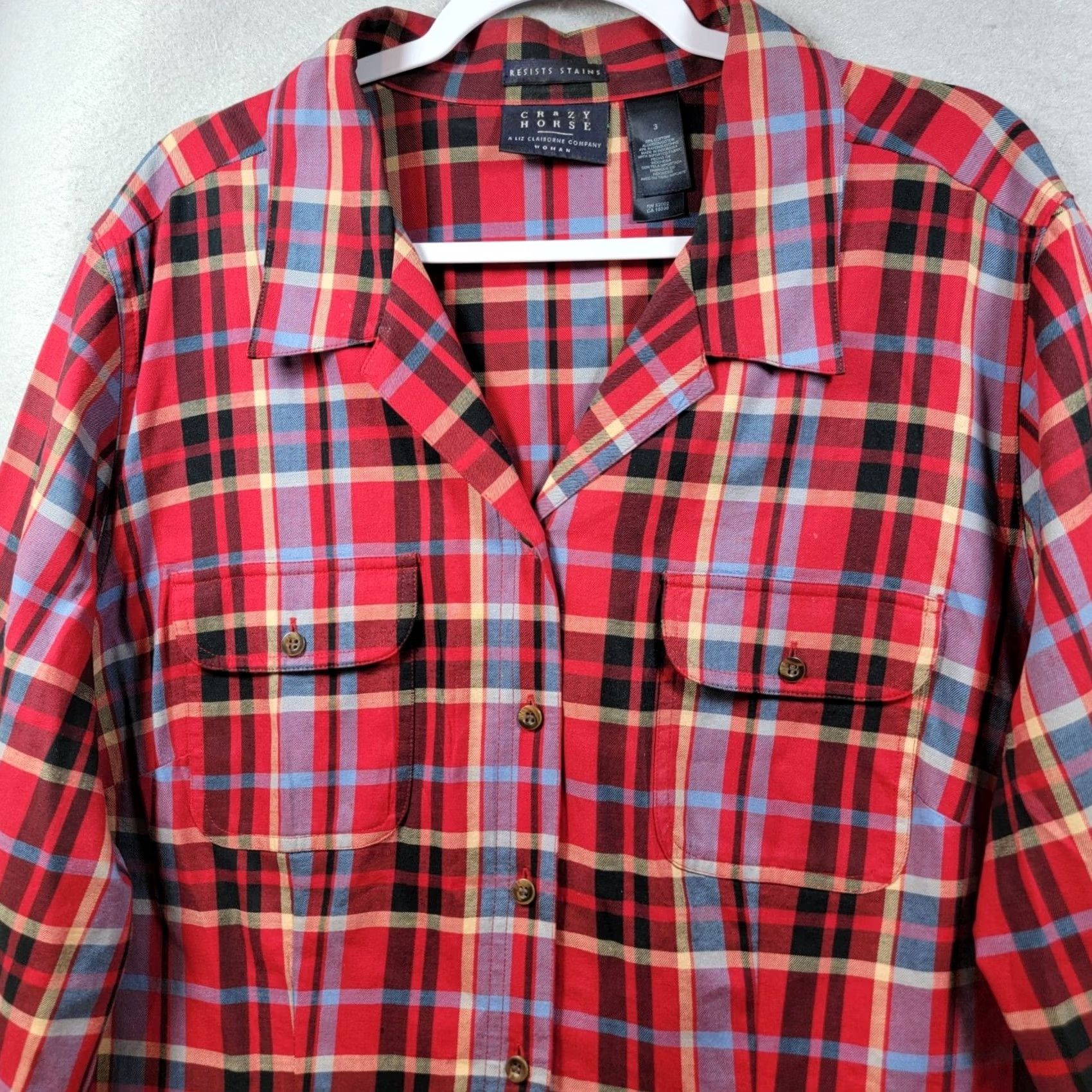 Vintage Stain Resistant Red Plaid Button Shirt Womens 3X Pockets Long Sleeve Tunic Size XXL / US 16-18 / IT 52-54 - 3 Thumbnail