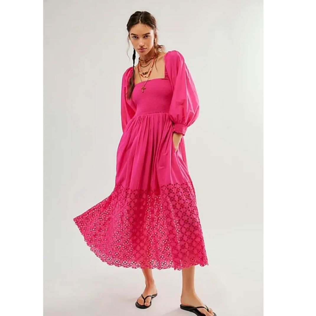 Free People New Perfect Storm Boho Midi Dress $168 X-SMALL Pink Smocked Size XS / US 0-2 / IT 36-38 - 1 Thumbnail