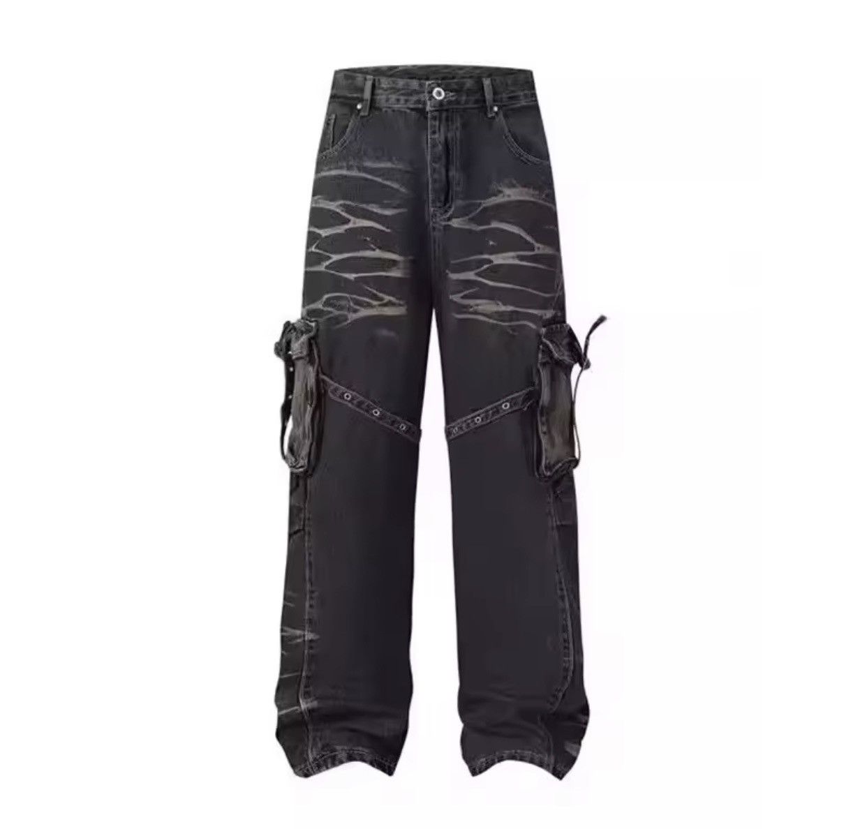 Denime × Jean Cyber Y2K Streetwear Ripple Strap Baggy Cargo Jeans Pants Size US 33 - 7 Thumbnail