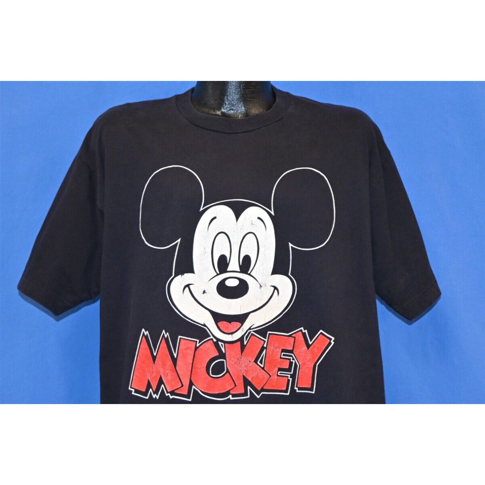 image of Vintage 90's Mickey Mouse Walt Disney Cartoon Big Print Black Cotton T-Shirt XL in White, Men's