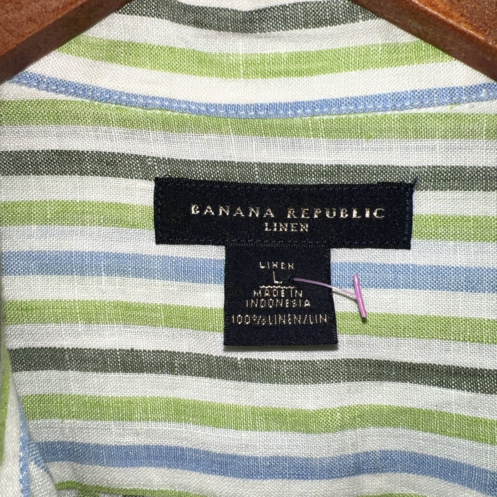 Banana Republic Banana Republic 100% Linen Green Striped Button-Up Shirt Men’s L Long Sleeve Size US L / EU 52-54 / 3 - 3 Thumbnail
