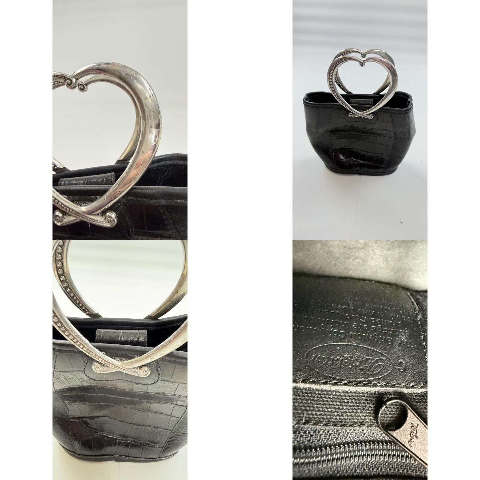 Brighton VINTAGE Brighton Satchel Top Handle Bag Womens Small Black Croc Leather Heart Handles Size S / US 4 / IT 40 - 8 Thumbnail