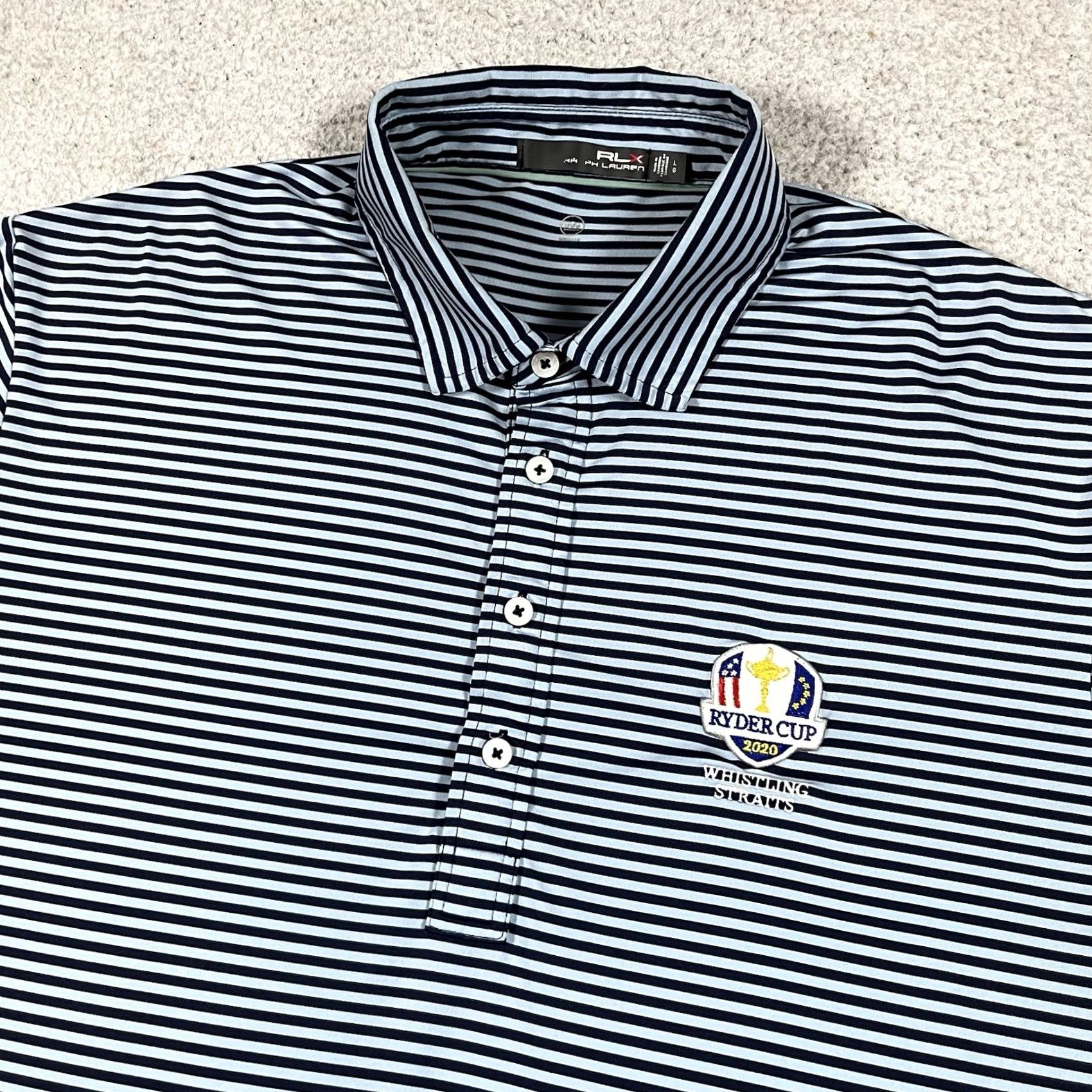 RLX Ralph Lauren RLX Ralph Lauren Polo Shirt Mens L Ryder Cup Whistling Straits Michelob Ultra Blue Short Sleeve Button-Front Knit Polo Size US L / EU 52-54 / 3 - 5 Thumbnail