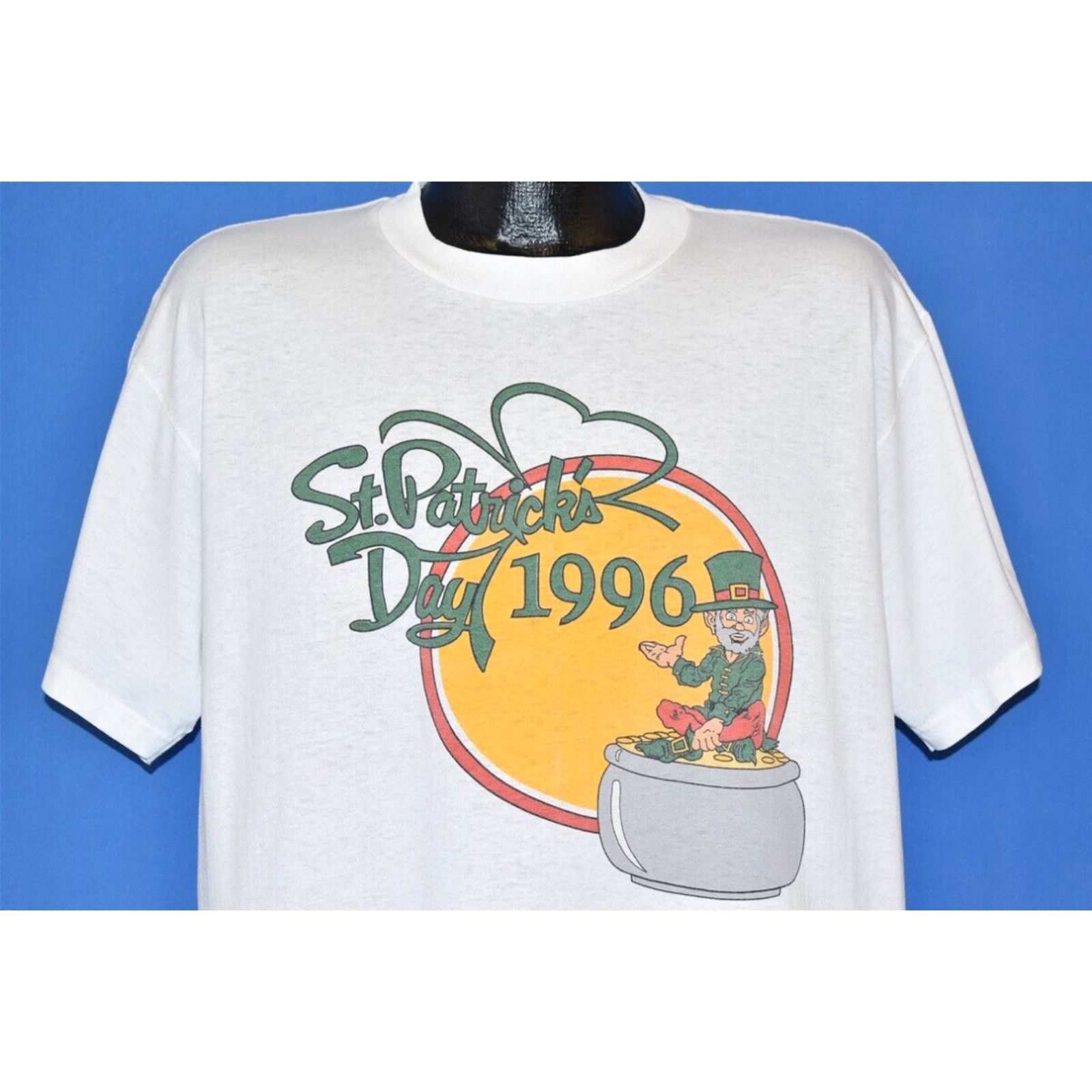 image of Vintage 90's St. Patrick's Day 1996 Leprechaun Pot Gold Saint Paddy's T-Shirt XL in White, Men's