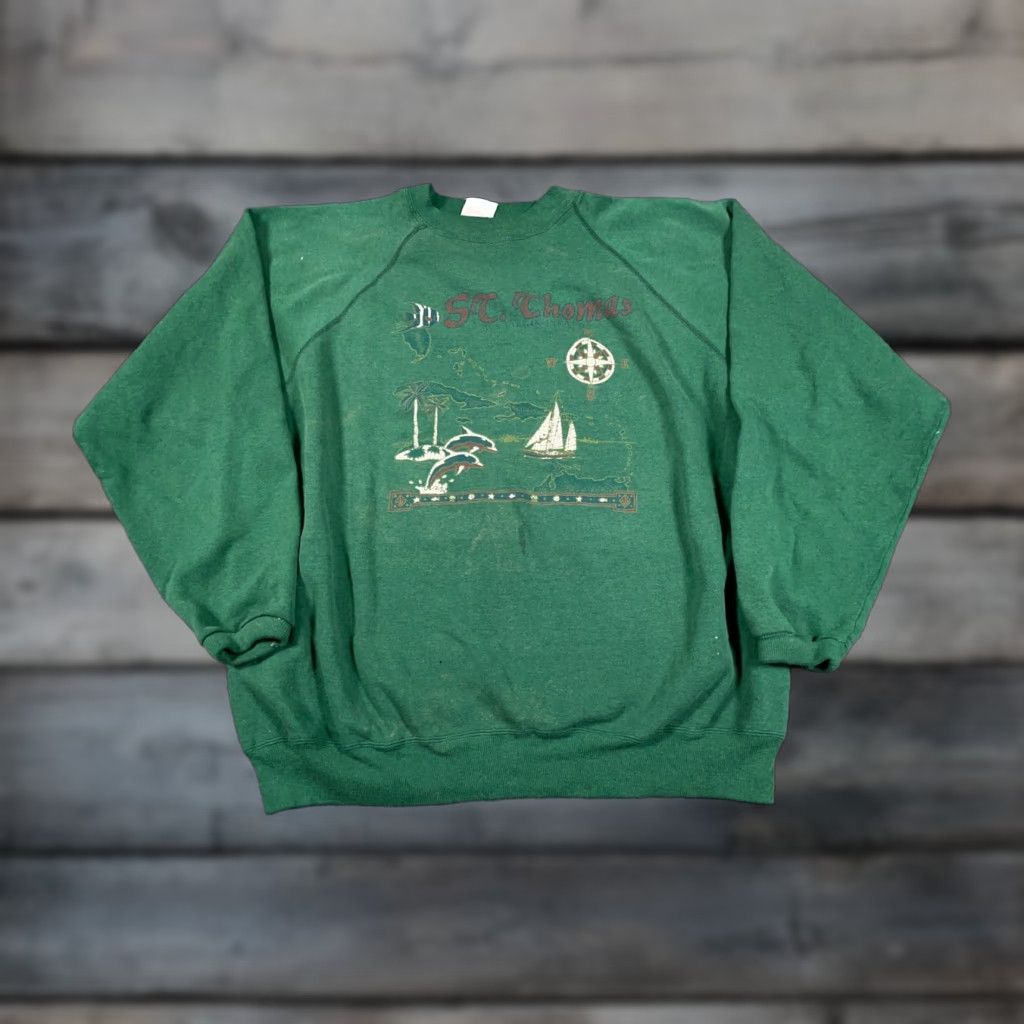 Hanes VINTAGE Hanes St. Thomas Sweatshirt Shirt Adult 2XL Green Dolphins Retro 90s Mens Size US XXL / EU 58 / 5 - 1 Thumbnail