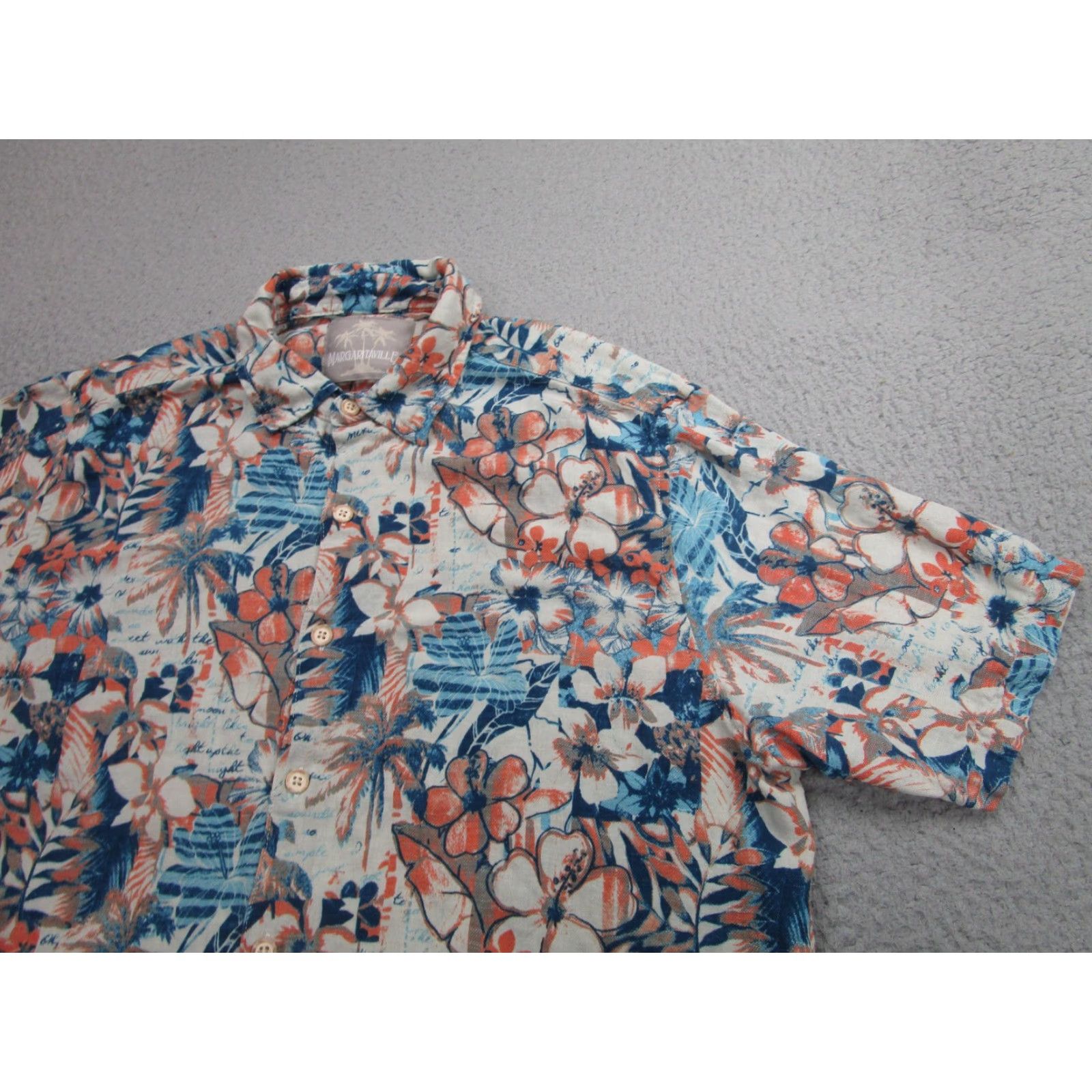 Vintage Margaritaville Shirt Mens Large Blue Orange Silk Linen Hawaiian Floral Camp Size US L / EU 52-54 / 3 - 2 Thumbnail