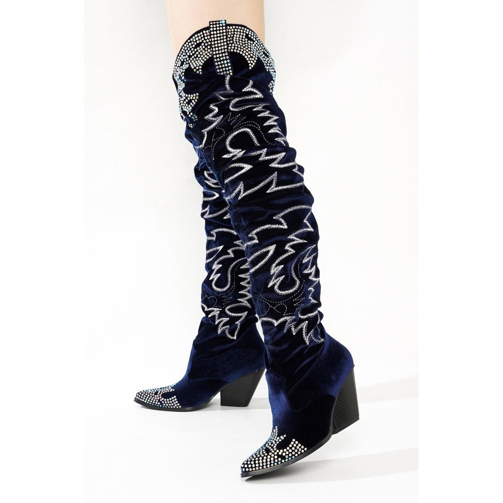 Other Delish Blue Velvet Western Slouch OTK Thigh High Cowboy Boot Size US 10 / IT 40 - 3 Thumbnail