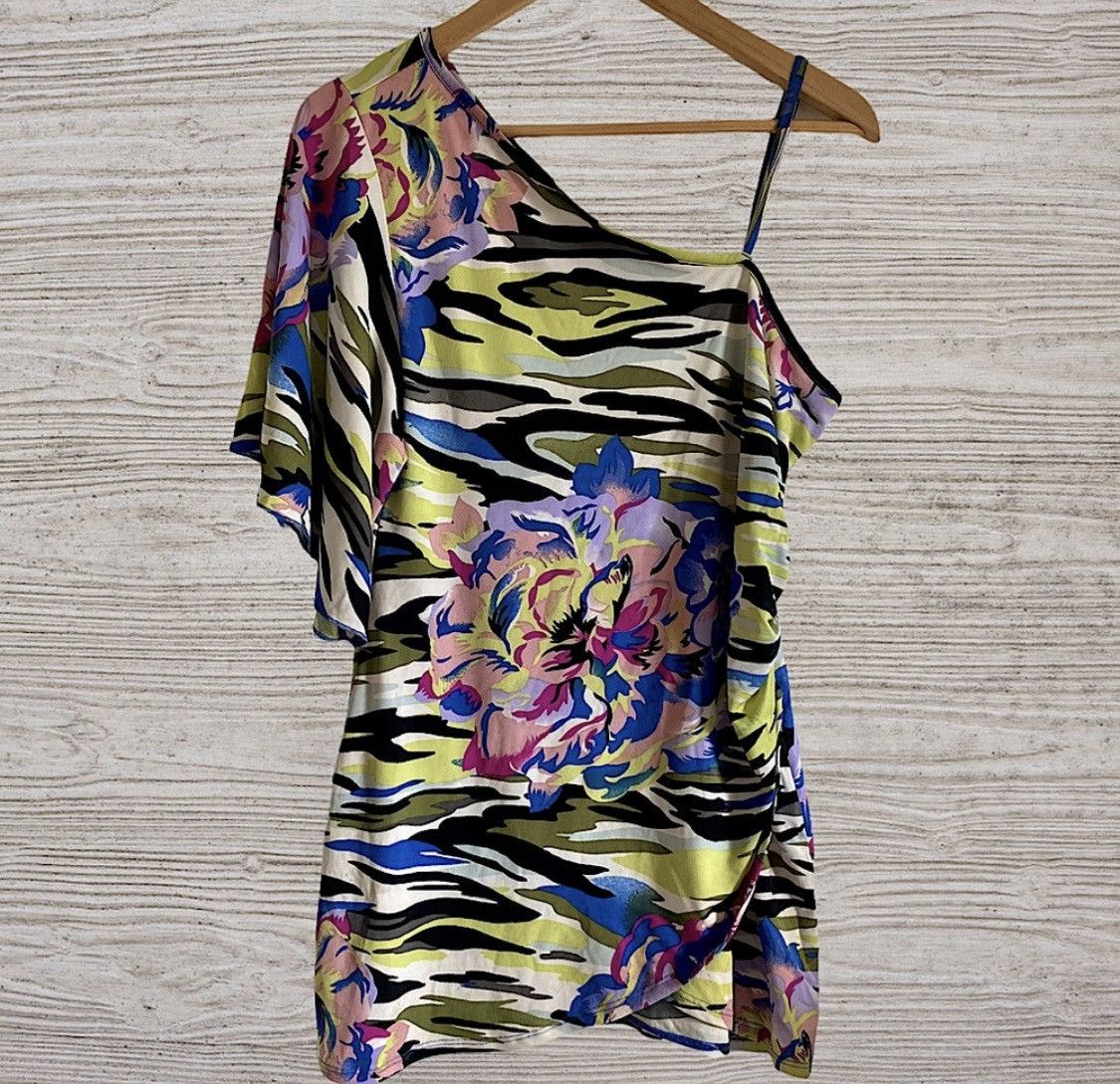 Vintage ONE SHOULDER FLORAL CAMO UNIVERSAL MINI DRESS OR TUNIC TOP Size M / US 6-8 / IT 42-44 - 2 Thumbnail