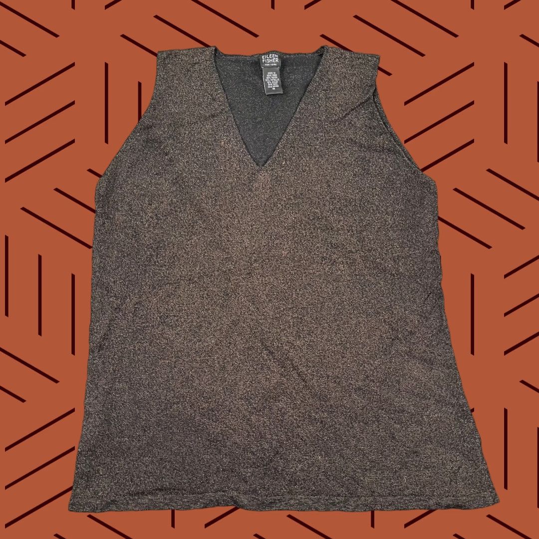 Eileen Fisher Eileen Fisher Shirt Womens Medium Black Brown Metallic Sleeveless V-Neck Party Casual Workwear Preppy Size M / US 6-8 / IT 42-44 - 1 Thumbnail
