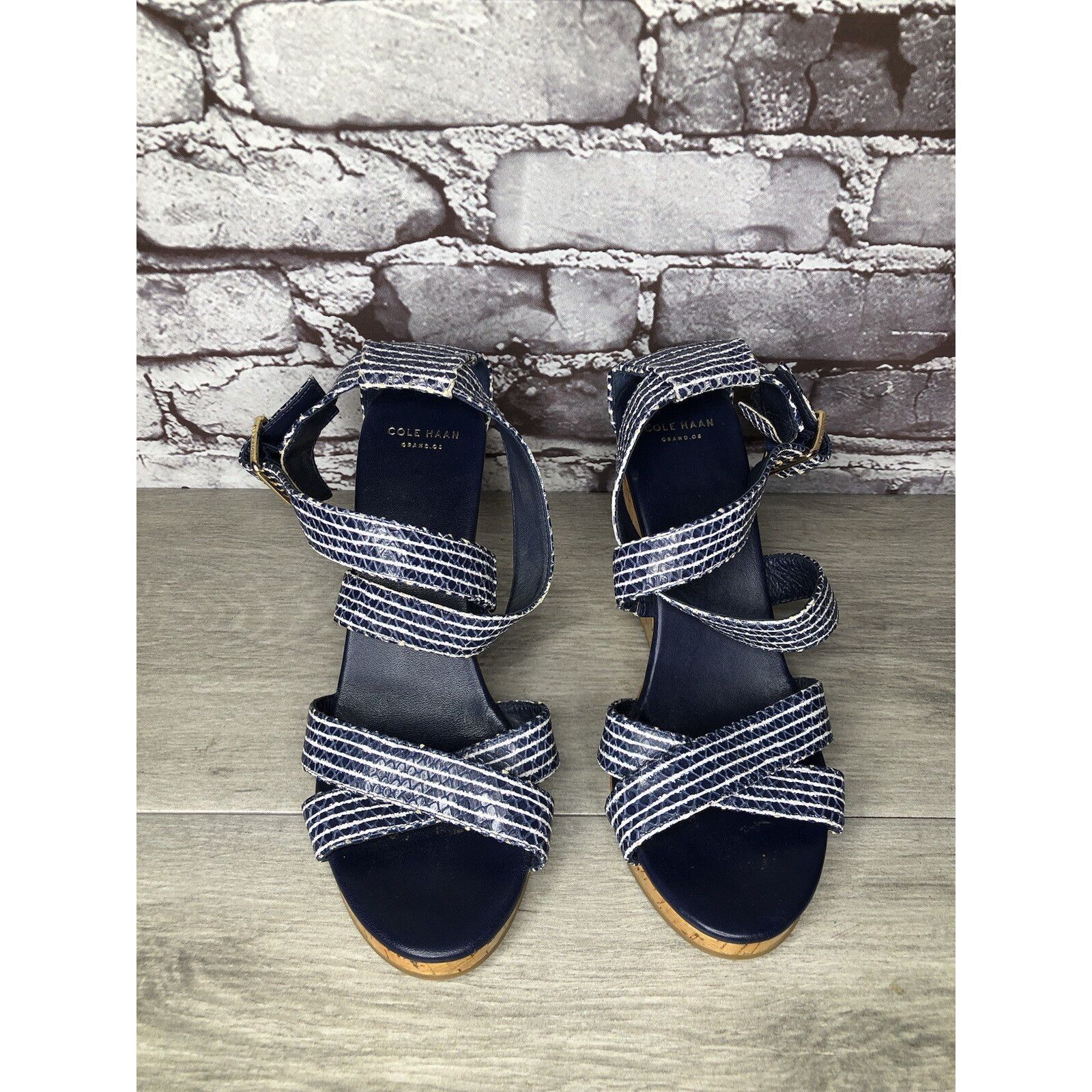 Cole Haan Cole Haan Grand OS Blue White Stripe Leather Cork Wedge Sand Size US 7.5 / IT 37.5 - 17 Thumbnail