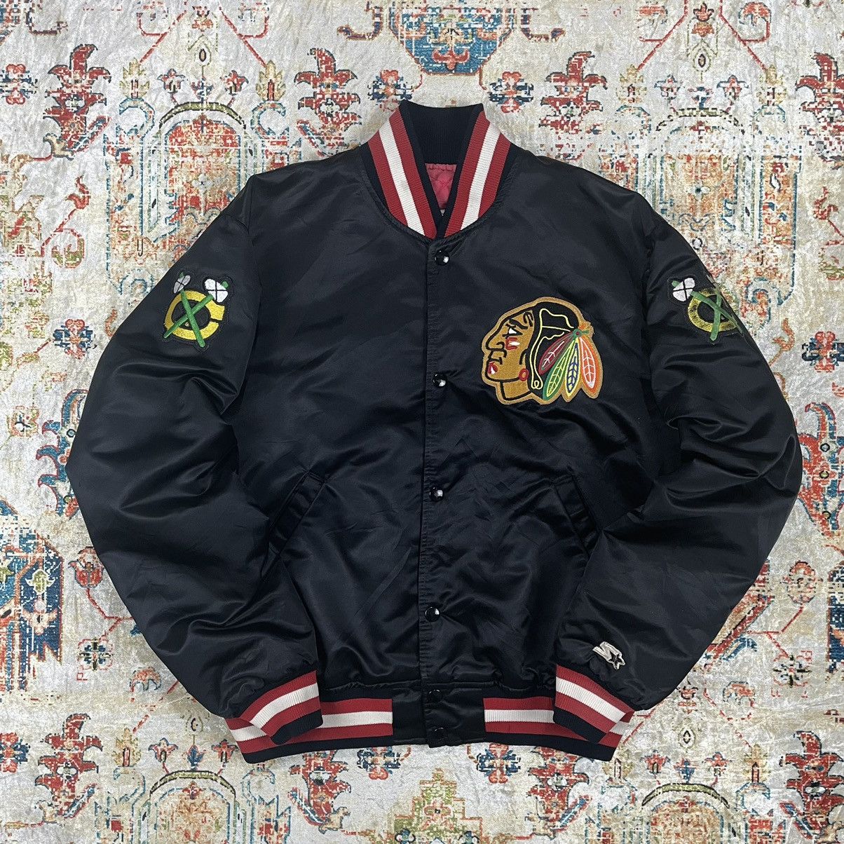 image of Made In USA x Starter 80's 90's Nhl Chicago Blackhawks Satin Bomber Jacket, Men's (Size Medium)