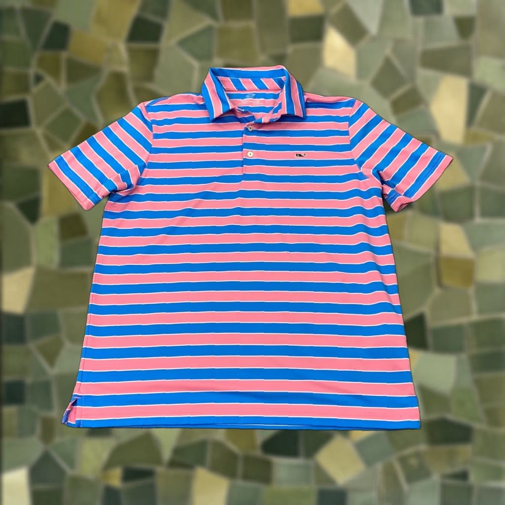 Vineyard Vines Vineyard Vines Polo Shirt Mens Medium Blue/Pink Striped Short Sleeve Performance Size US M / EU 48-50 / 2 - 1 Thumbnail