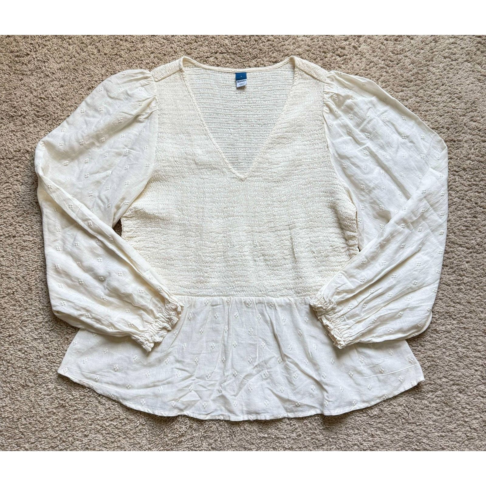 Old Navy Old Navy Long-Sleeve Smocked Peplum Blouse Cream Women's L Size L / US 10 / IT 46 - 5 Thumbnail