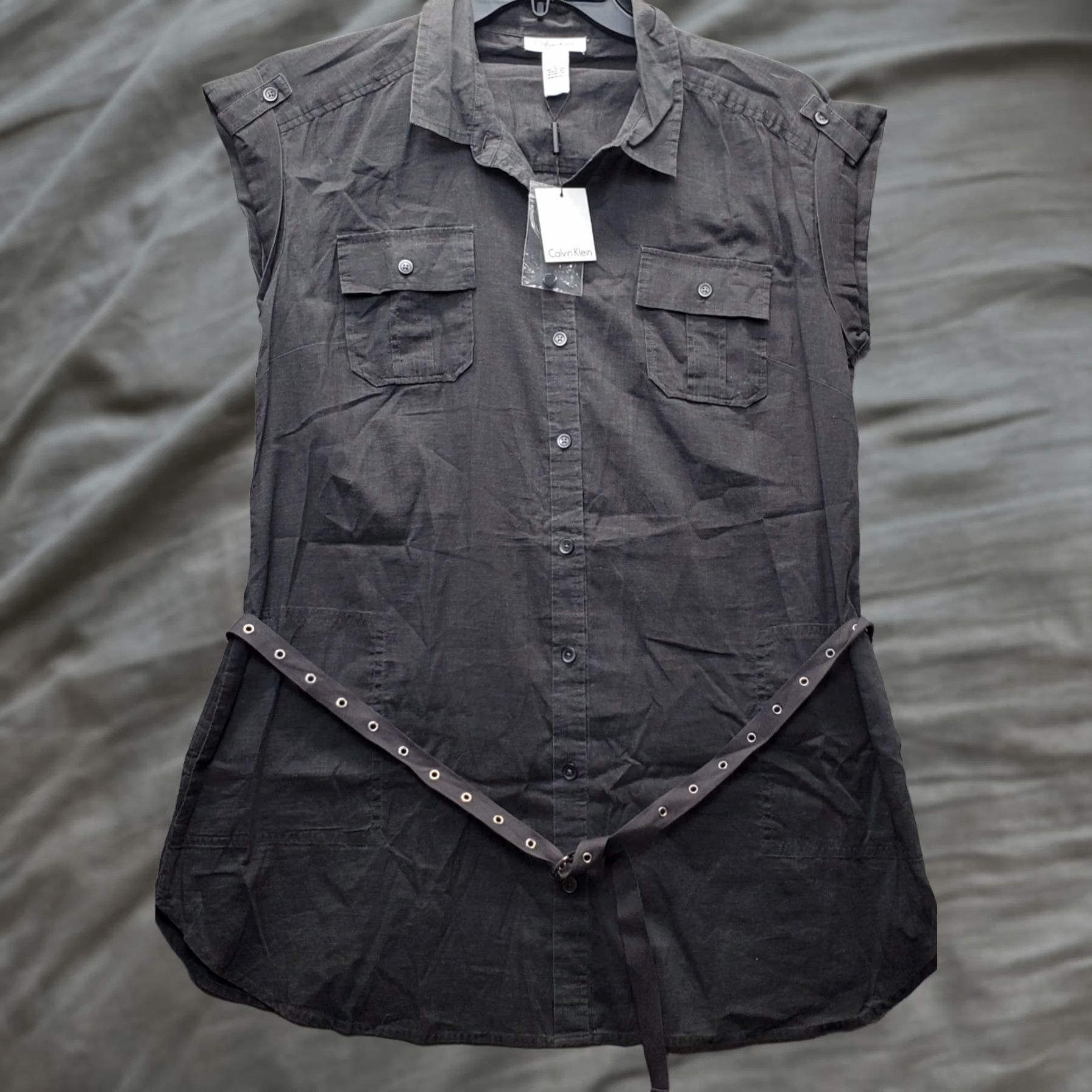 Calvin Klein Calvin Klein Shirt Women L Gray Collared Belted Waist Chest Pocket Button-Up Size L / US 10 / IT 46 - 1 Thumbnail