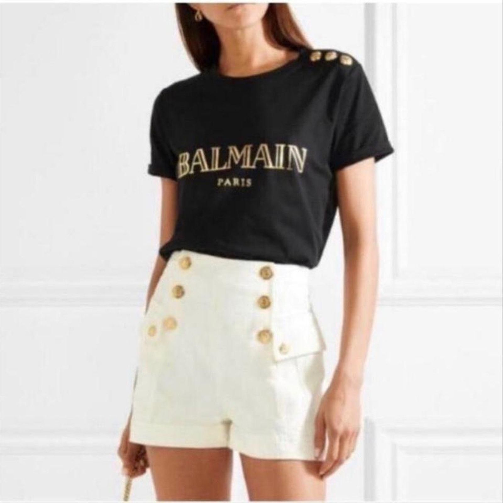 Balmain BALMAIN metallic logo printed button embellished tee shirt Size XL / US 12-14 / IT 48-50 - 2 Thumbnail