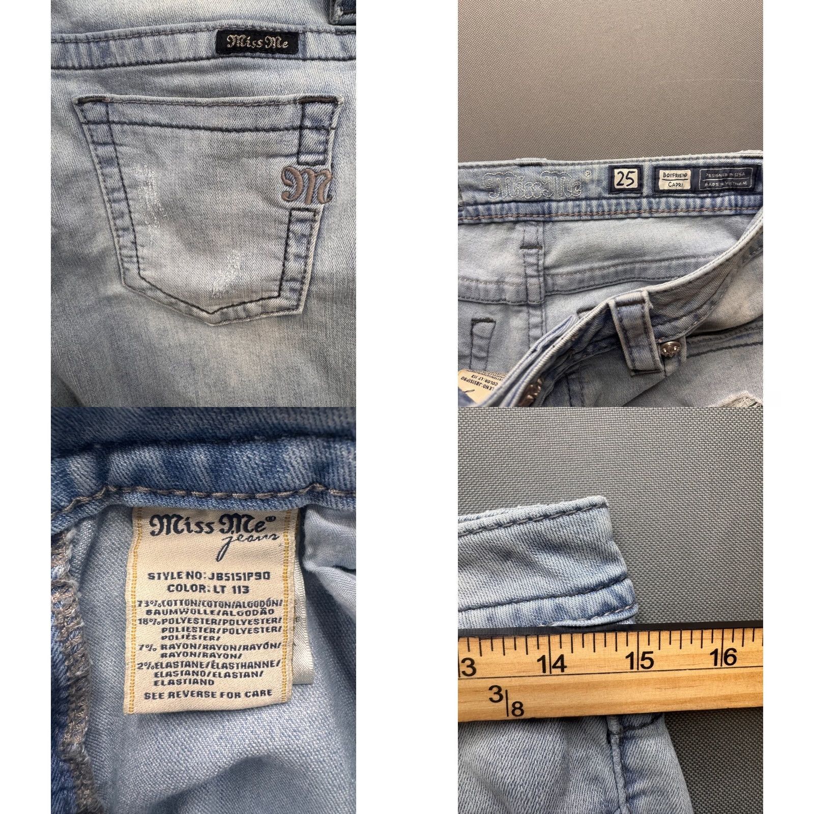 Miss Me Miss Me Womens Boyfriend Capri Light Wash Distressed Patched Denim Jeans Size 25 Size 42" / US 20 - 8 Thumbnail