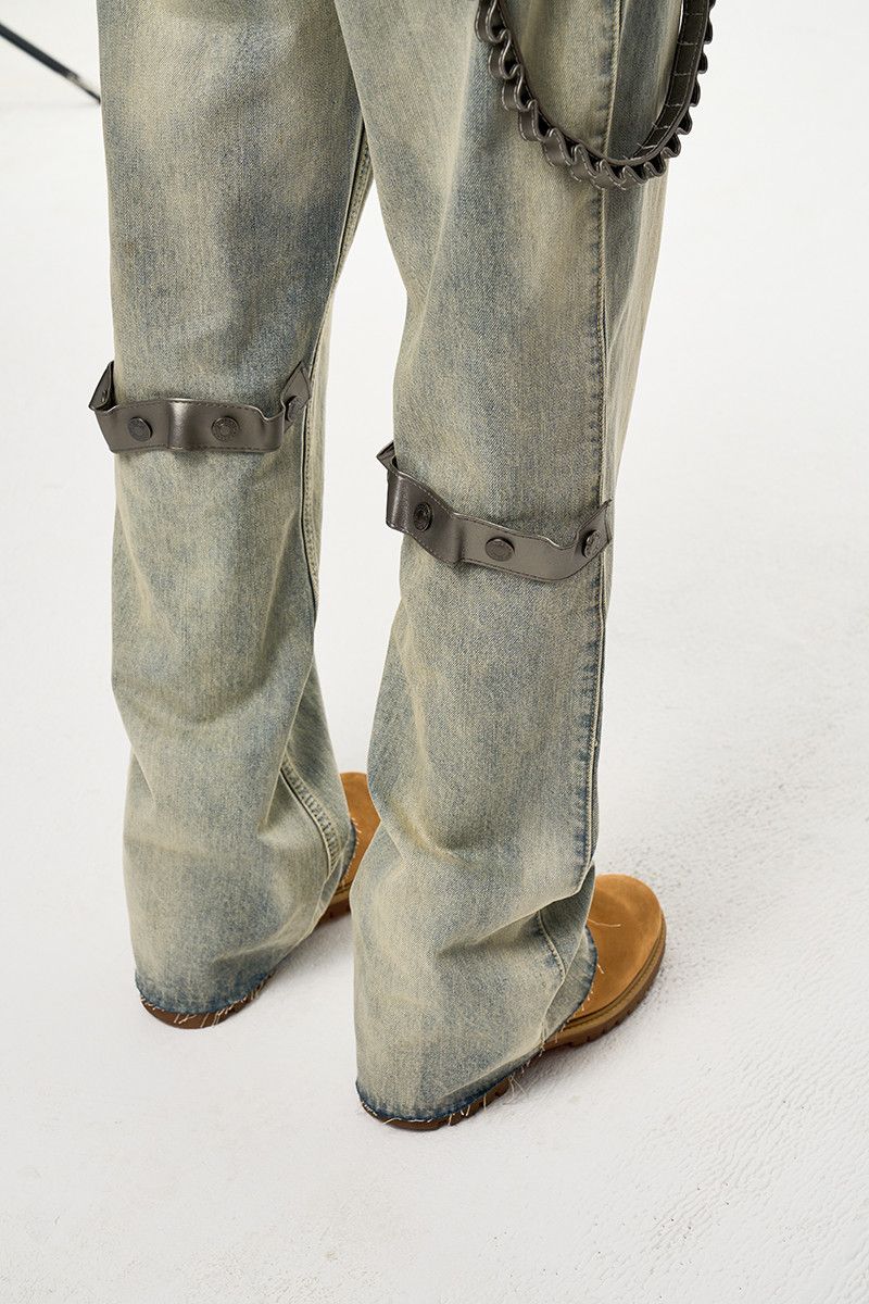 Leather × Vintage Raw Hem Rustic Burr Jeans Removable Leather Strap Size US 33 - 6 Thumbnail