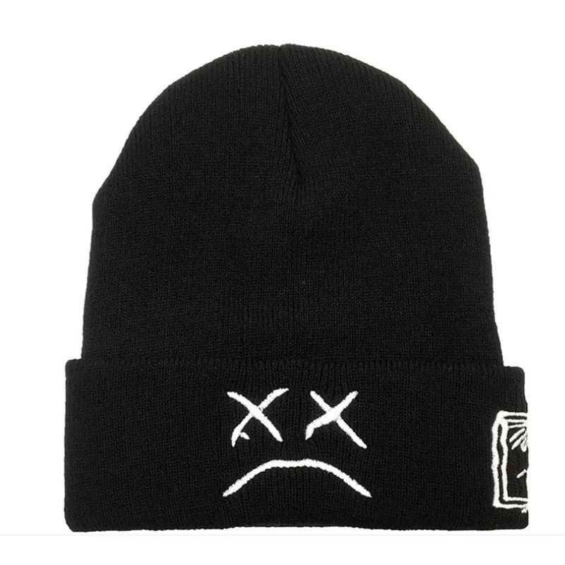 Vintage Winter LilPeep embroidered knitted hat sad face expression Size ONE SIZE - 3 Thumbnail