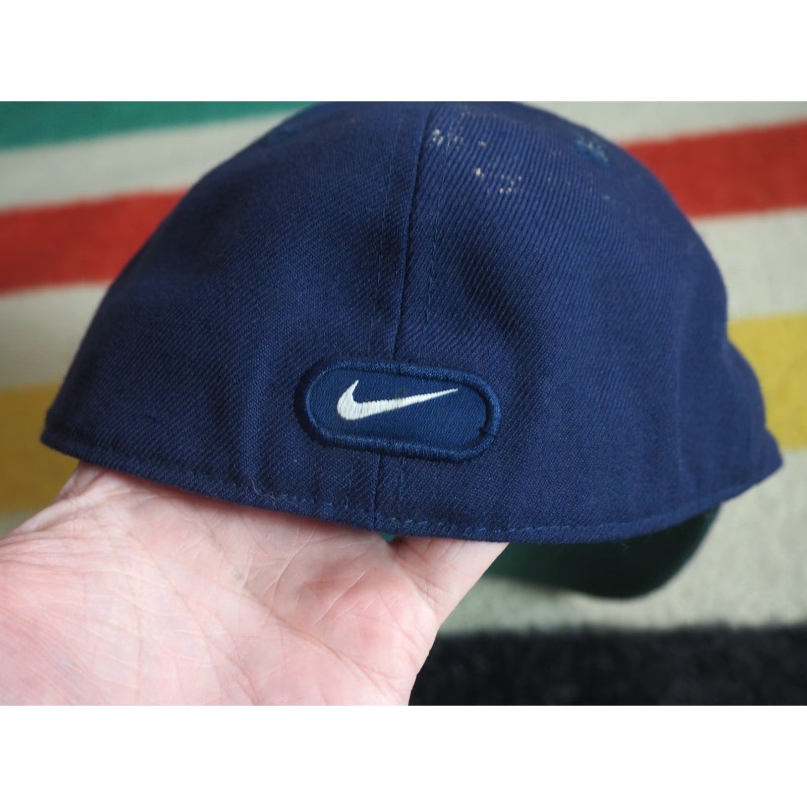 Nike VTG Nike Navy Blue Mini Swoosh Check Fitted Baseball Hat 7 1/2 Mens 90s 2000s Pattern: Solid Size ONE SIZE - 4 Thumbnail