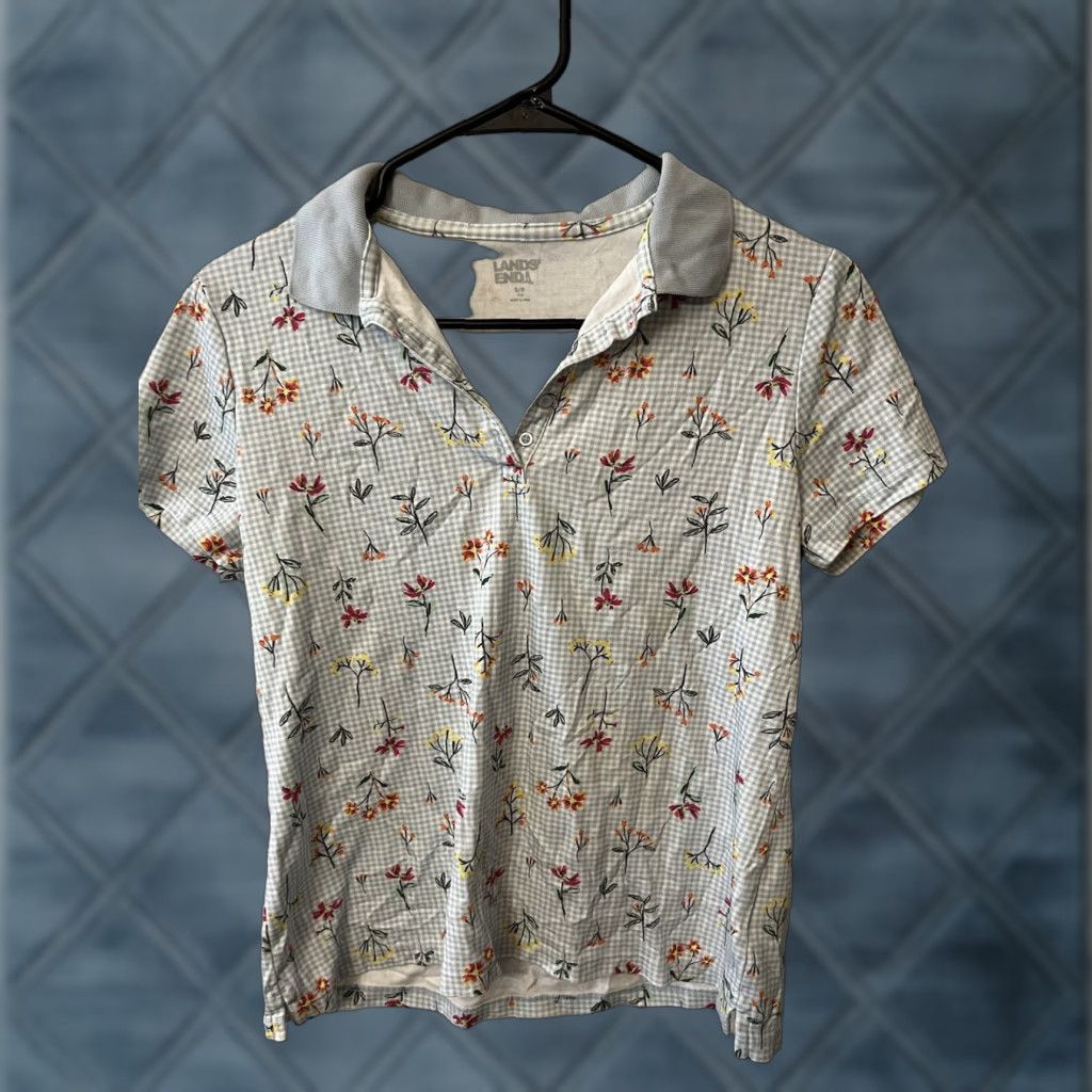 Lands' End VINTAGE Lands' End Shirt Women's S Regular Blue Floral Polo Knit Crew Neck Long Sleeve Pullover Beach Preppy 4-6 Mens Womens Size S / US 4 / IT 40 - 1 Thumbnail