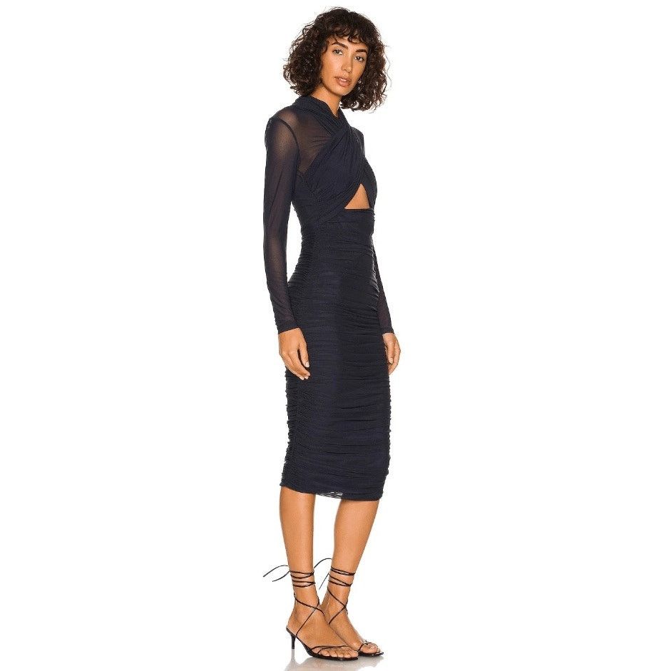 Bardot Women Navy Mesh Aliyah Midi Bodycon Dress Size XS