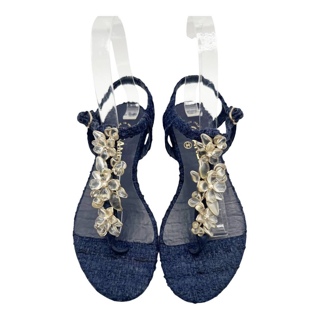 Chanel T-Strap Tweed Floral Sandals 2016 Camellia Pearl Navy