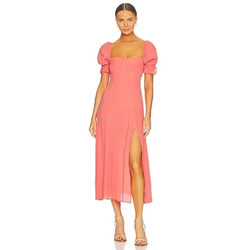 WeWoreWhat We Wore What Coral Pink Puff Sleeve Midi Dress - Size 6 Size M / US 6-8 / IT 42-44 - 1 Thumbnail