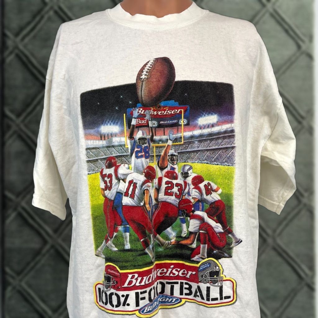 VINTAGE Gildan Budweiser Bud Light Football T-Shirt 90s Beer Size XL White Mens
