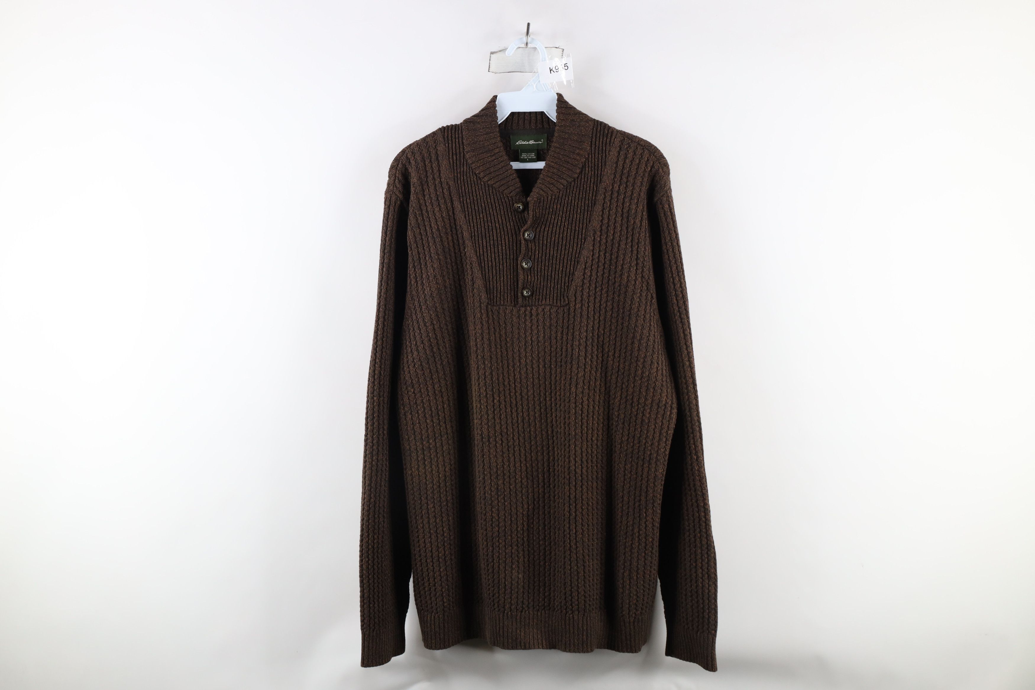 Eddie Bauer × Vintage Vintage 90s Eddie Bauer Ribbed Knit Henley Sweater Brown Size US L / EU 52-54 / 3 - 1 Thumbnail