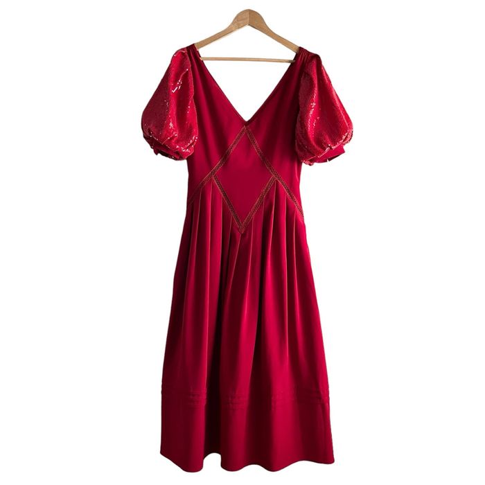 Self-Portrait Red Sequin Short Puff Sleeve Midi Dress | Grailed